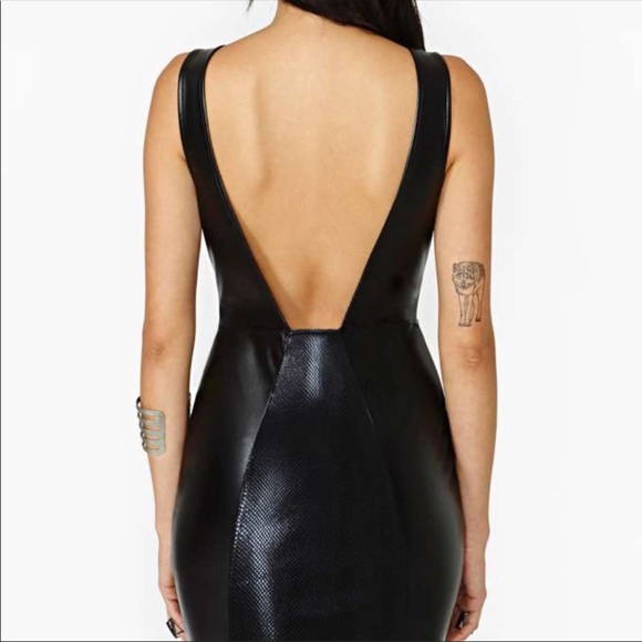 Leather V-neck Low Back Leather Bodycon Dress - Picture 3 of 7